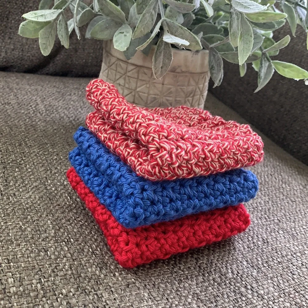 Handmade Crochet Cotton Spa Washcloth Dishcloth Patriotic Set of 3